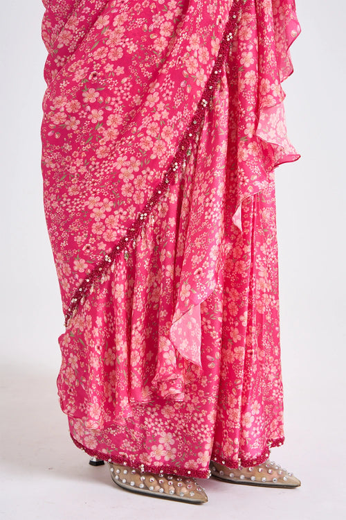 Fuchsia Ruffled Printed Saree Set