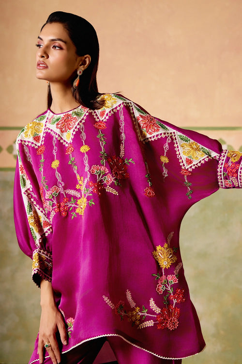 Purple Embroidered Kimono Tunic with Narrow Pants