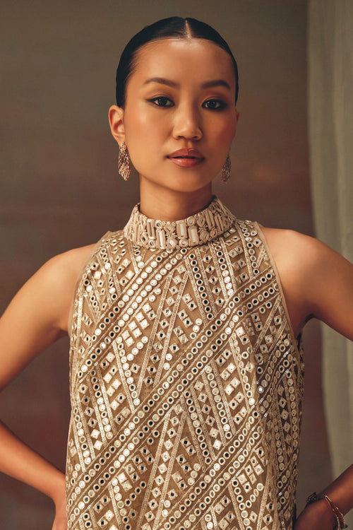 Golden Hi-Neck Dress Top with Bellbottoms