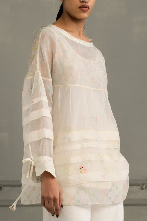 Ivory Mul Chanderi Embroidered Top And Flared Linen Pants