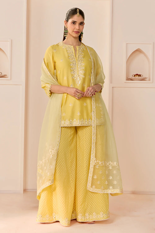 Rehma Lemon Yellow Short Kurta with Sharara and Dupatta