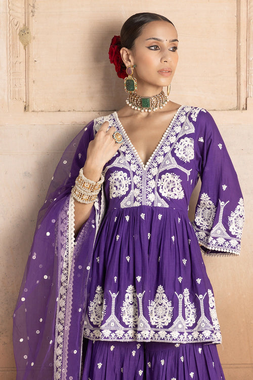 Purple all-over Embroidered Tower Sharara with Dupatta