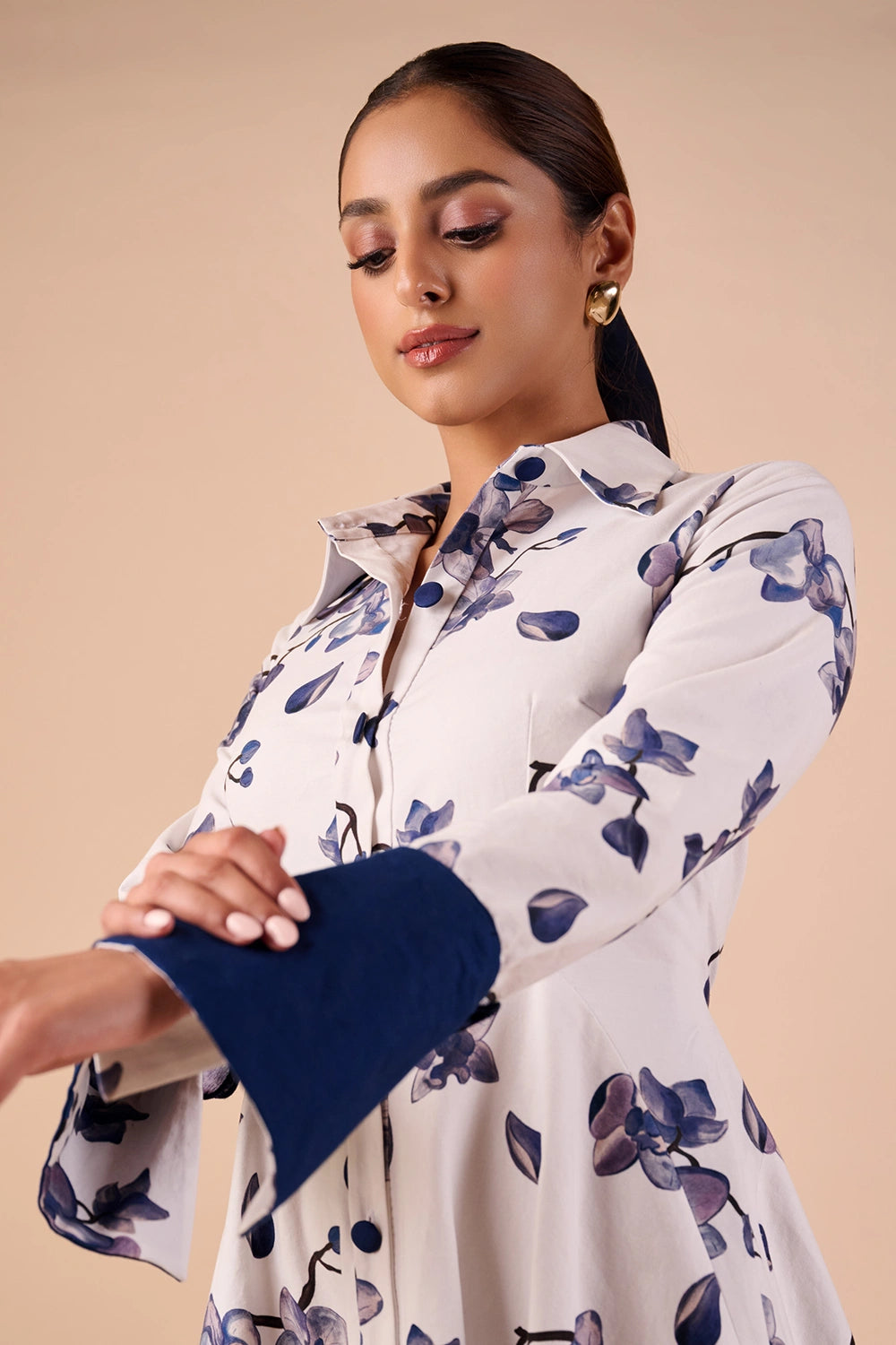 Blue-White Orchid Maxi Shirt Dress