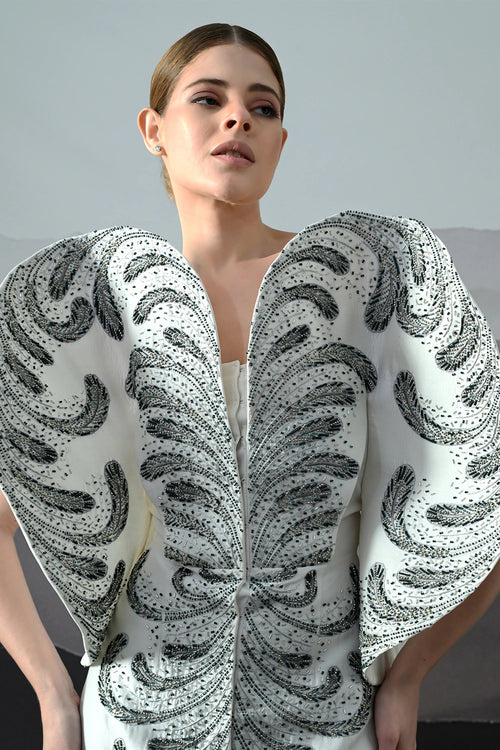 Ivory Gown With Hand-Embroidered Monochrome Motifs