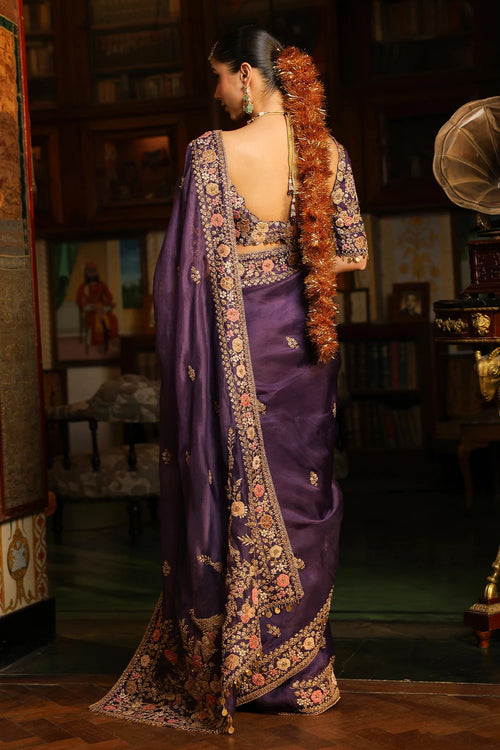 Ahista Purple Mayur Applique Border Saree Set