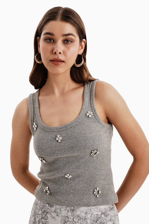 Rib Cotton Grey Tank Top with Crystal Embellishment