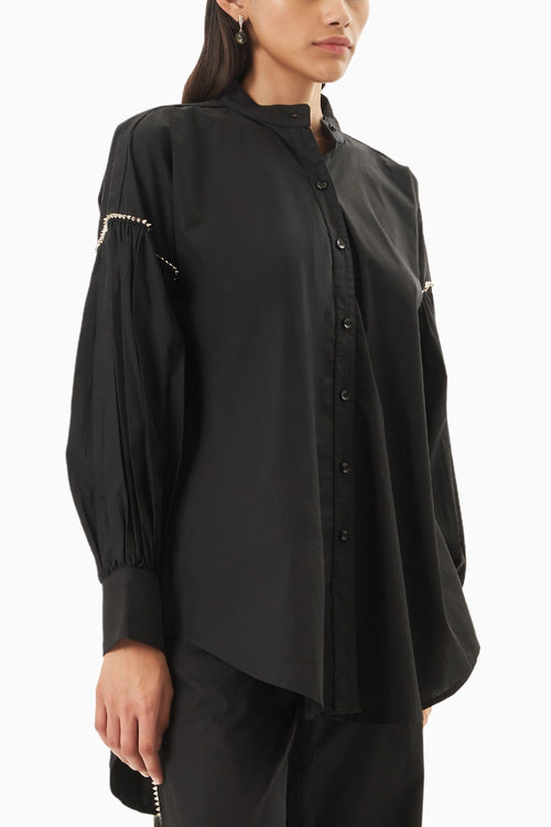 Black Cotton Balloon Sleeve Shirt