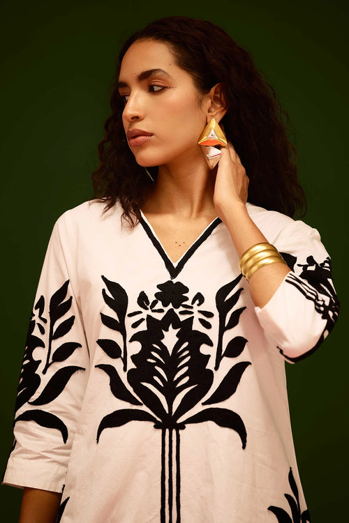 Ivory Cotton Shift Dress with Black Tulip Thread Embroidery