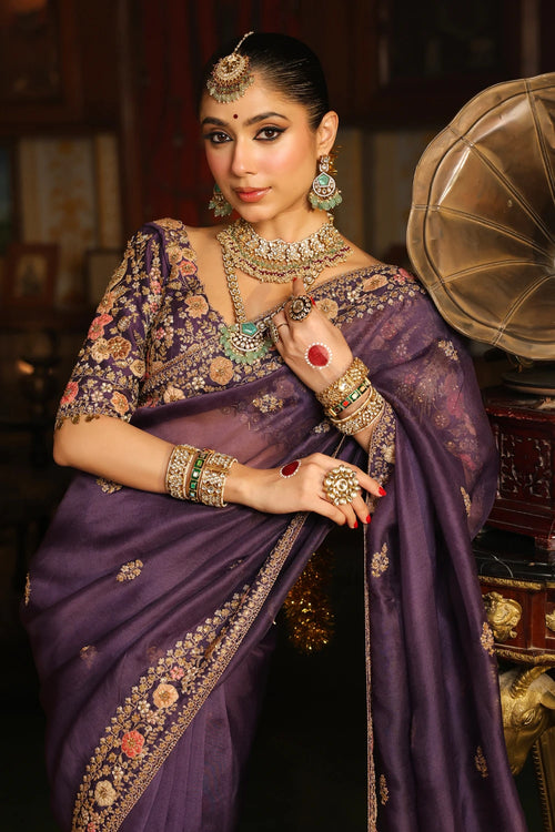 Ahista Purple Mayur Applique Border Saree Set