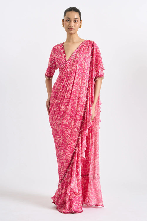 Fuchsia Ruffled Printed Saree Set