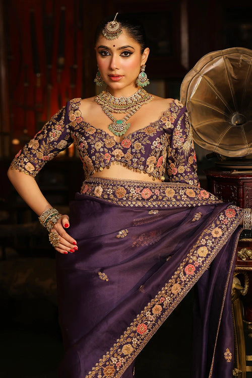 Ahista Purple Mayur Applique Border Saree Set