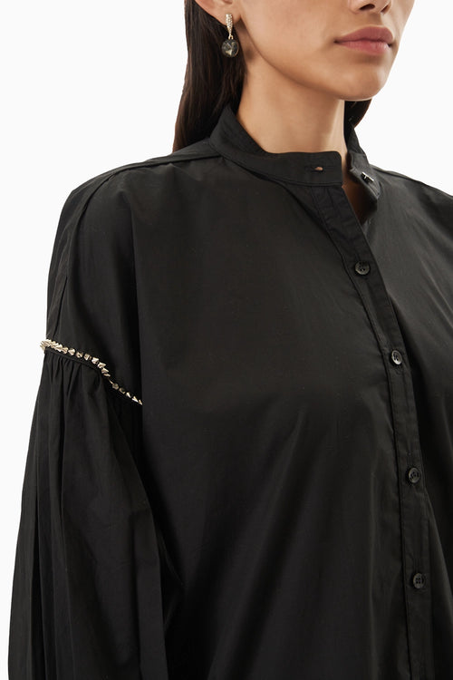 Black Balloon Sleeve Shirt with Embellished Stud Lines Pants
