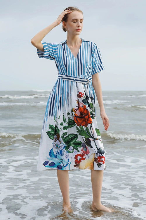 Blue Stripes & Floral Print Dress