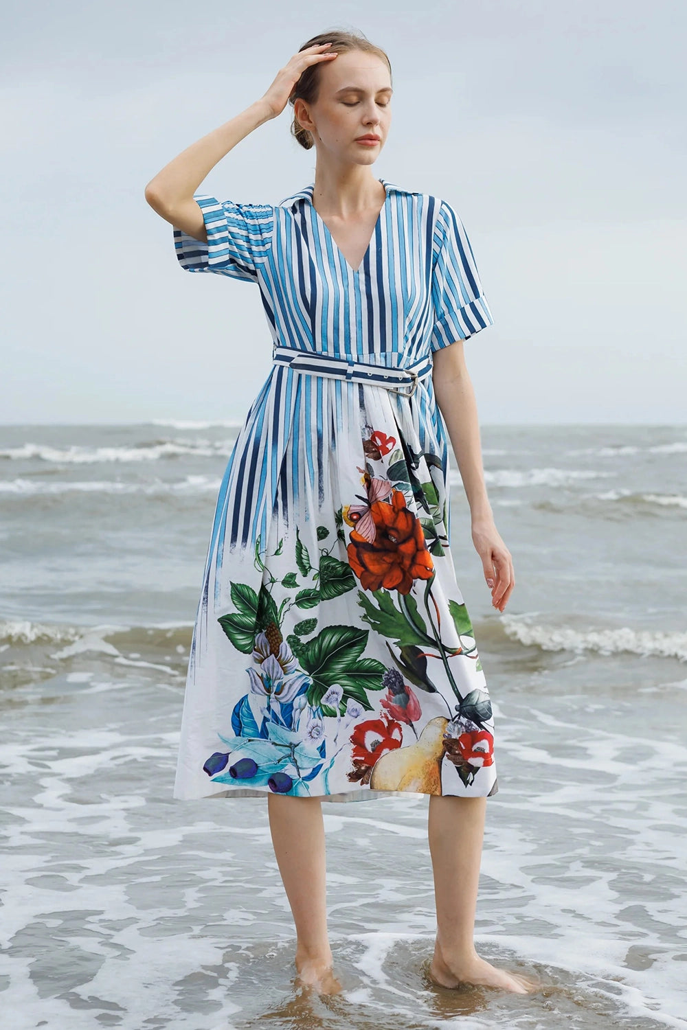 Blue Stripes & Floral Print Dress