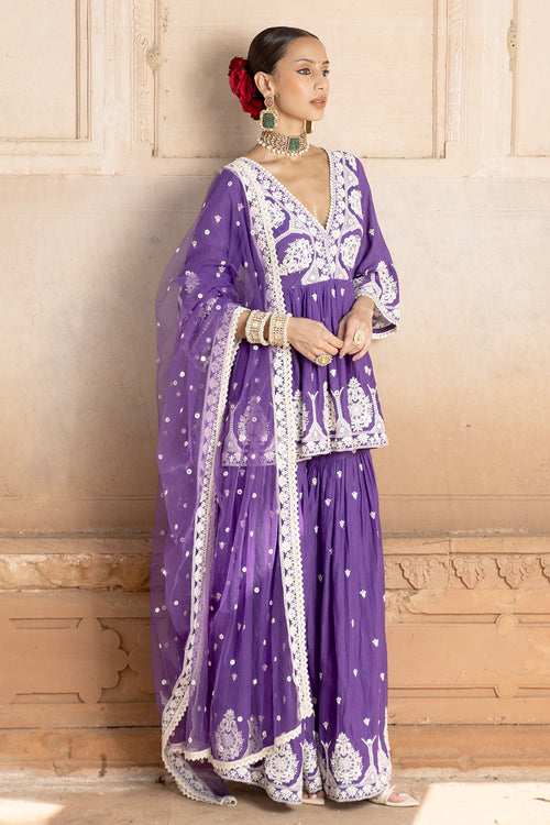 Purple all-over Embroidered Tower Sharara with Dupatta
