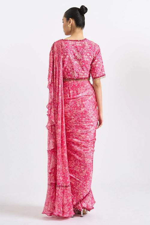 Fuchsia Ruffled Printed Saree Set