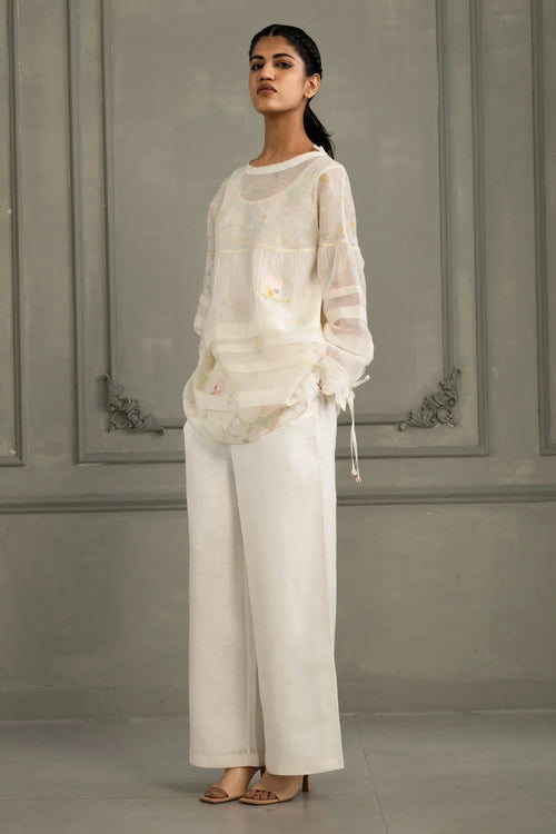 Ivory Mul Chanderi Embroidered Top And Flared Linen Pants