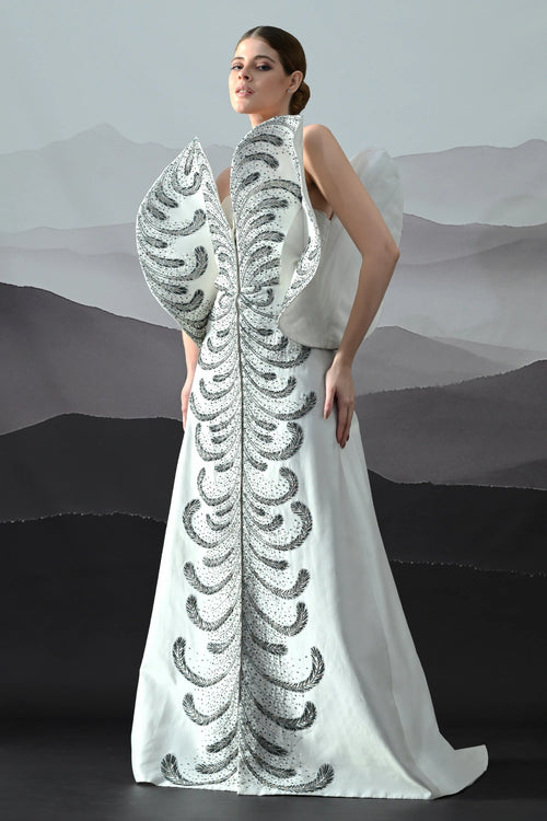 Ivory Gown With Hand-Embroidered Monochrome Motifs
