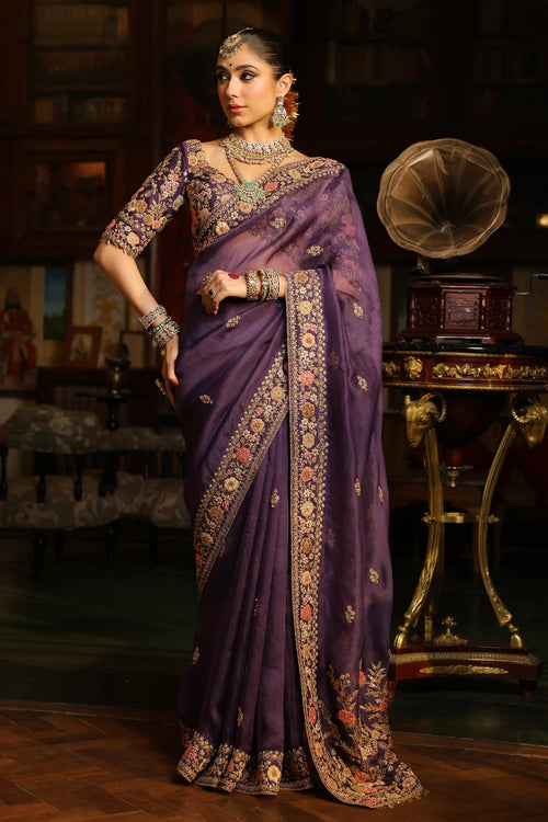 Ahista Purple Mayur Applique Border Saree Set