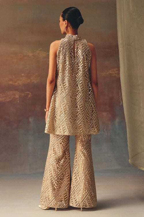 Golden Hi-Neck Dress Top with Bellbottoms