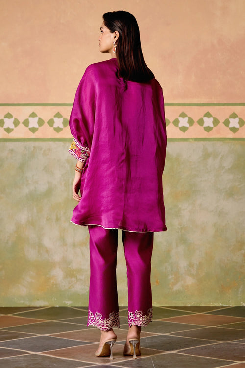 Purple Embroidered Kimono Tunic with Narrow Pants