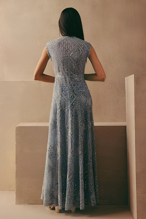 Sky Blue Mirrorwork Wing Collar Long Jacket with Bootcut Pants