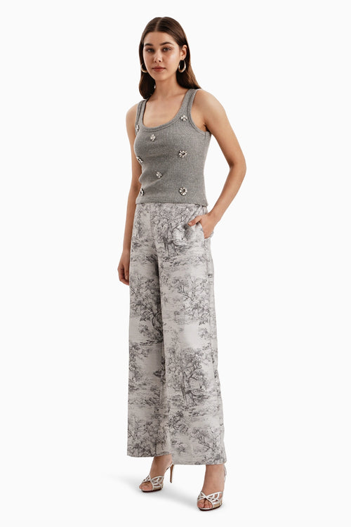 Grey White Silk Jacquard Pants