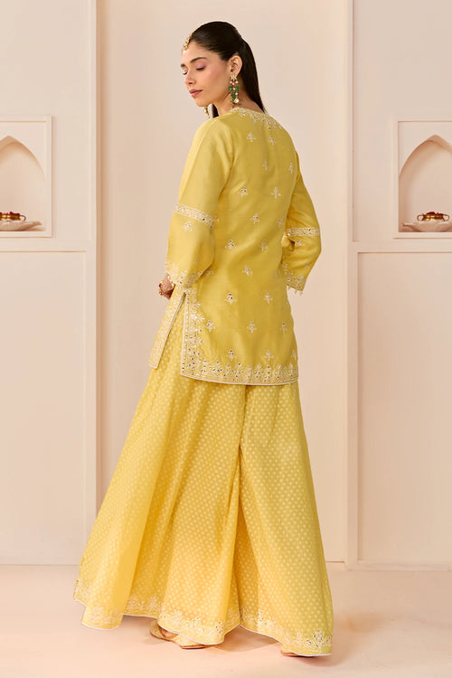 Rehma Lemon Yellow Short Kurta with Sharara and Dupatta