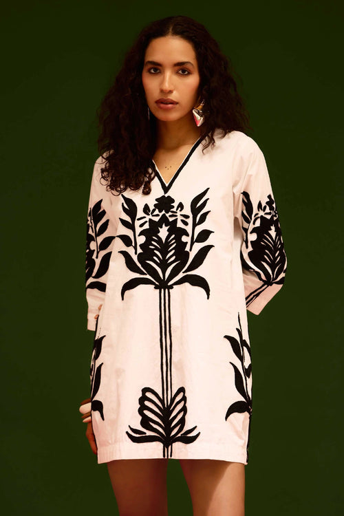 Ivory Cotton Shift Dress with Black Tulip Thread Embroidery