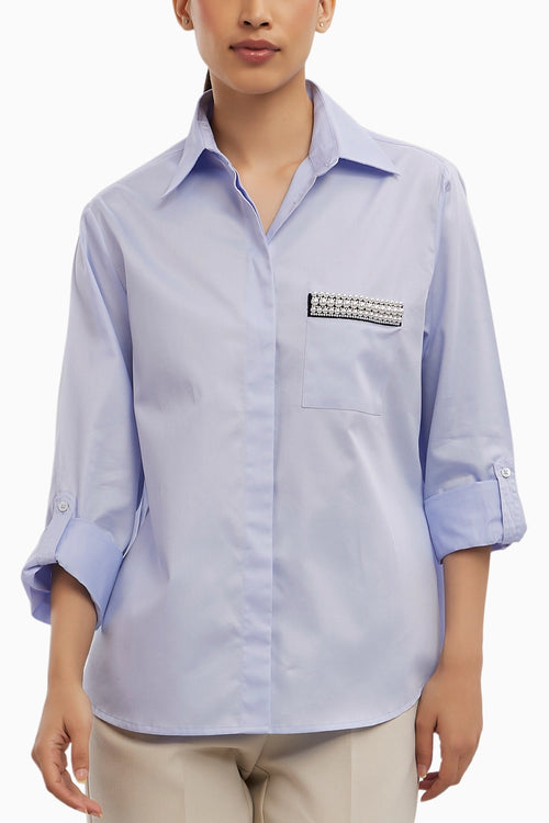Sky Blue Pearl Pocket Strip Shirt