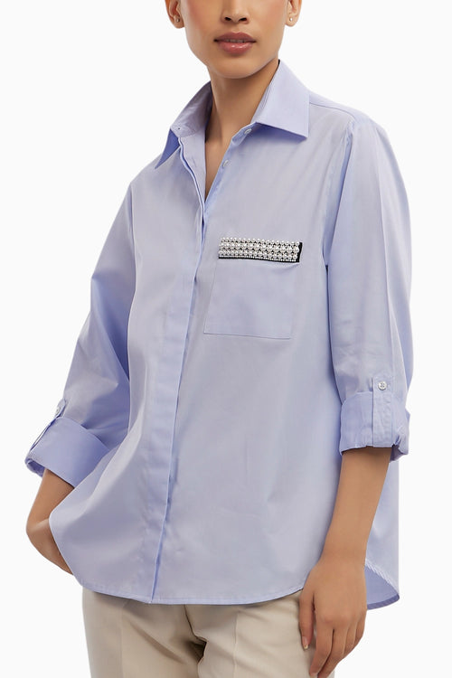 Sky Blue Pearl Pocket Strip Shirt