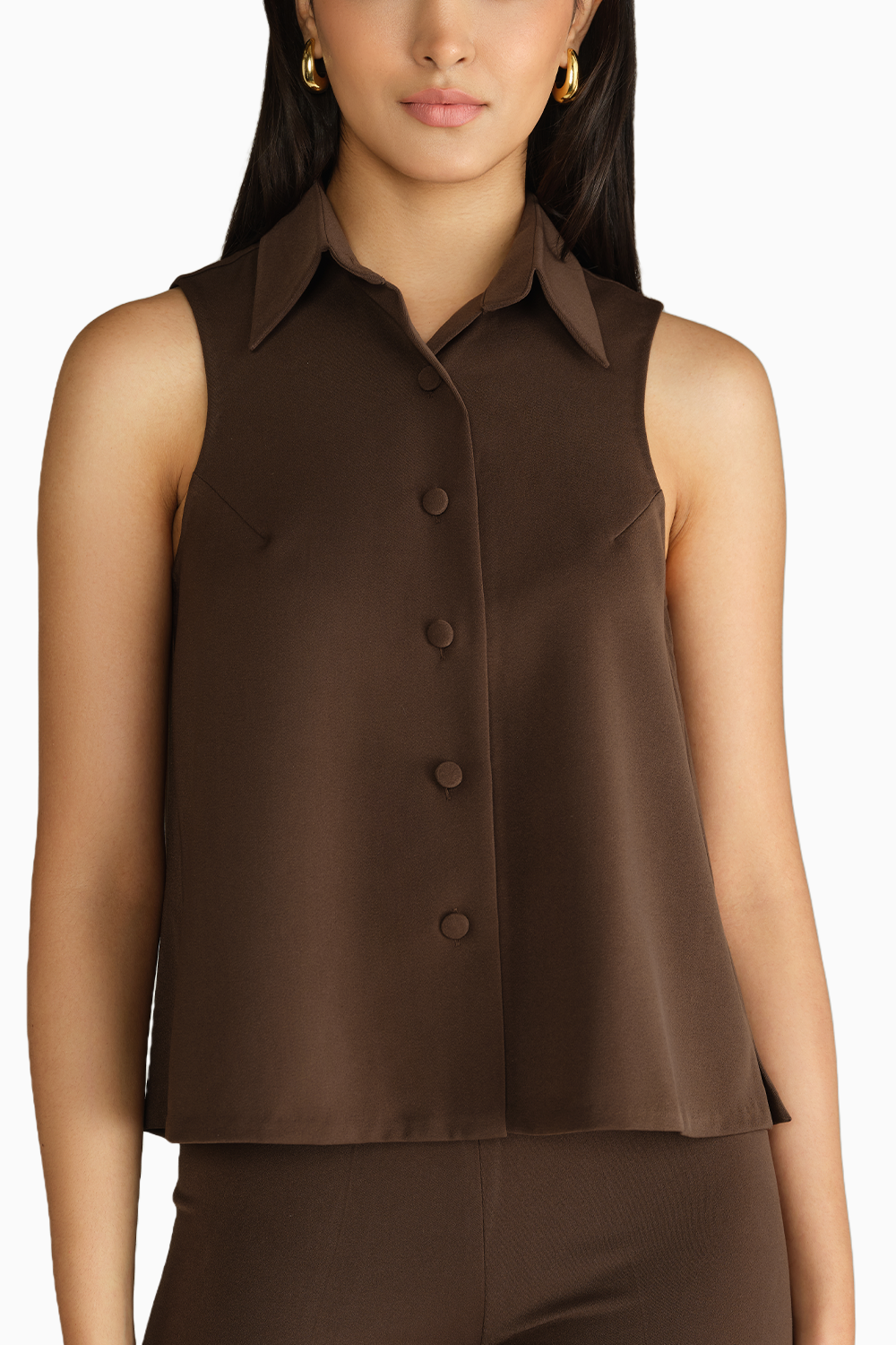 Chocolate Brown Stretch Suiting Sleeveless Top