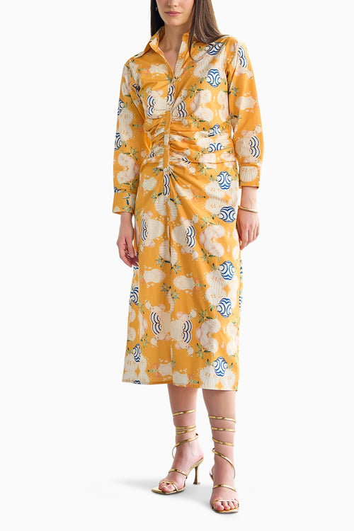 Mustard Pleated Midi Shirt Dress