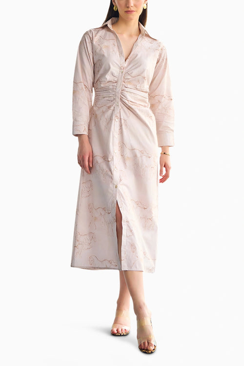 Poplin Pink Pleated Shirt Midi Dress