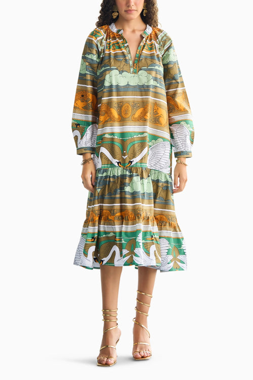 Swan Printed Tier Midi Dress