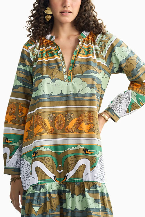 Swan Printed Tier Midi Dress