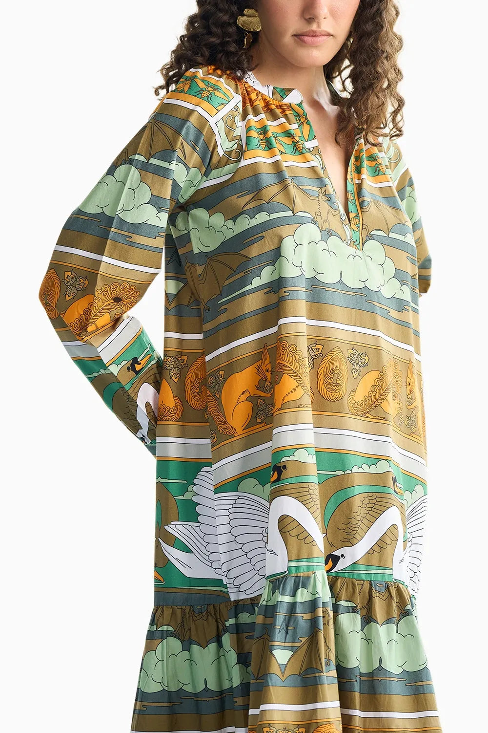 Swan Printed Tier Midi Dress