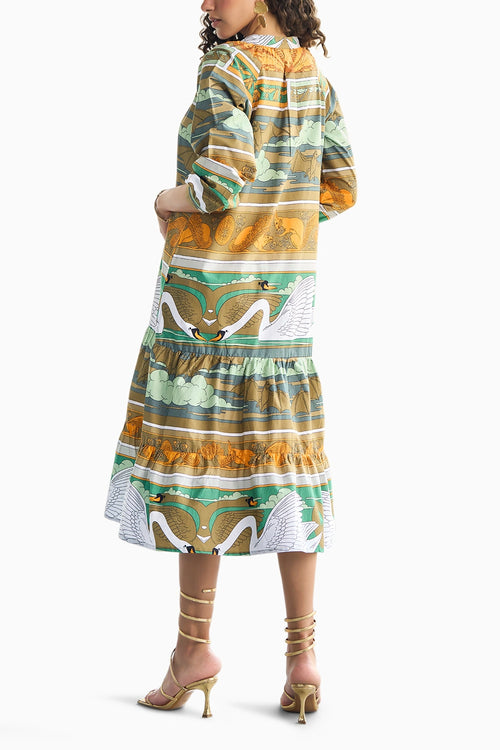 Swan Printed Tier Midi Dress