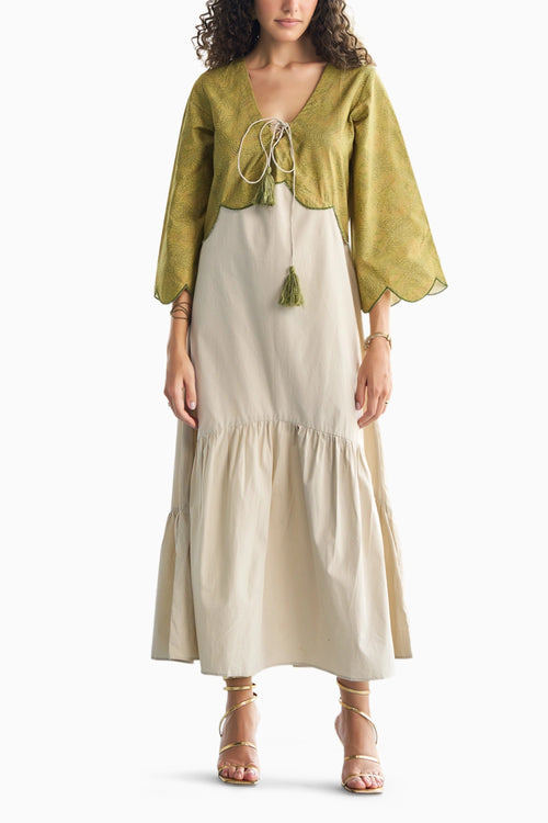 Olive Printed Scallop Midi Dress