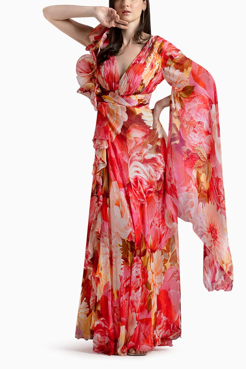 Red Chiffon Long Gown with Cape Sleeves