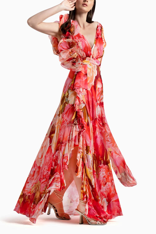 Red Chiffon Long Gown with Cape Sleeves