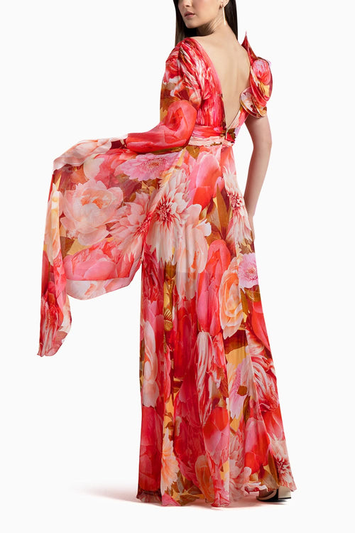 Red Chiffon Long Gown with Cape Sleeves