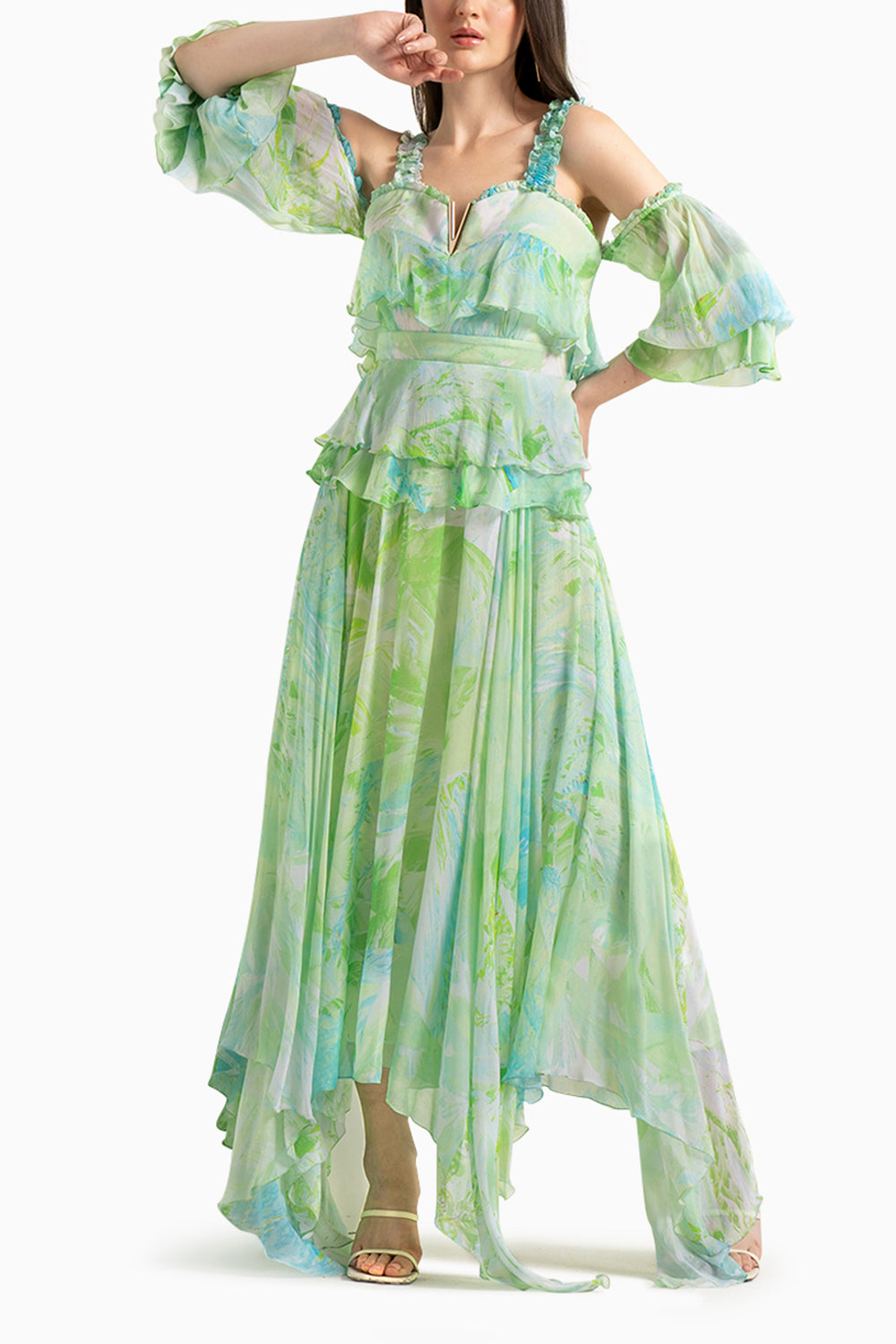 Green Chiffon Drop Shoulder Dress