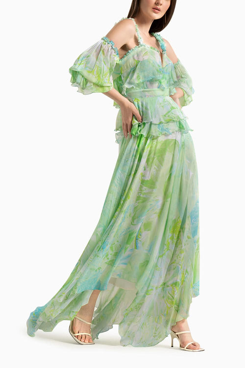 Green Chiffon Drop Shoulder Dress