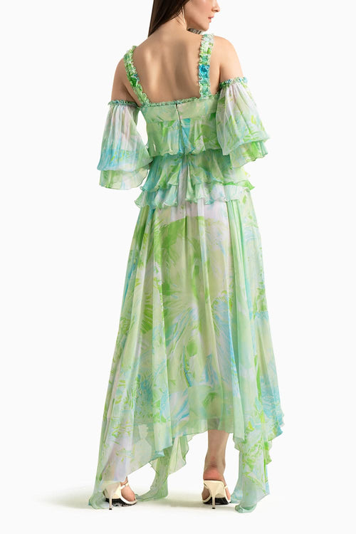 Green Chiffon Drop Shoulder Dress