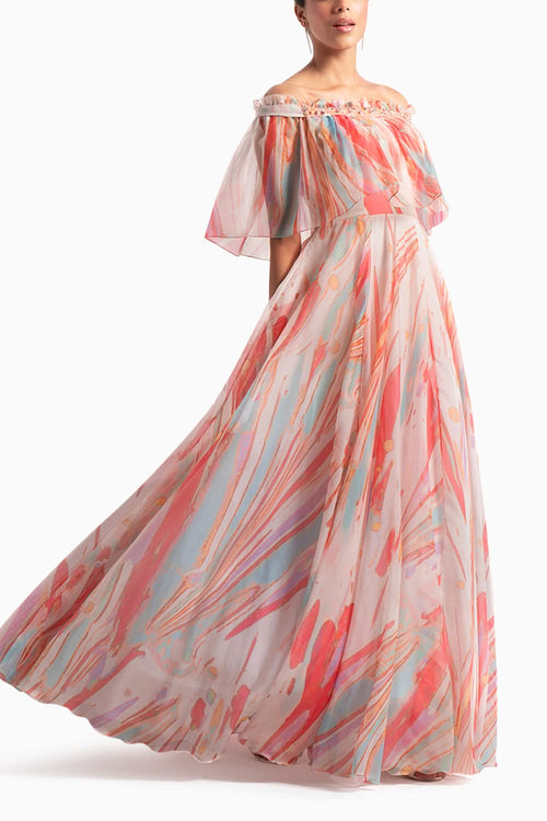 Ivory Organza Off-Shoulder Cape Gown