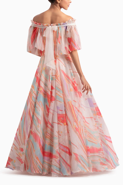 Ivory Organza Off-Shoulder Cape Gown