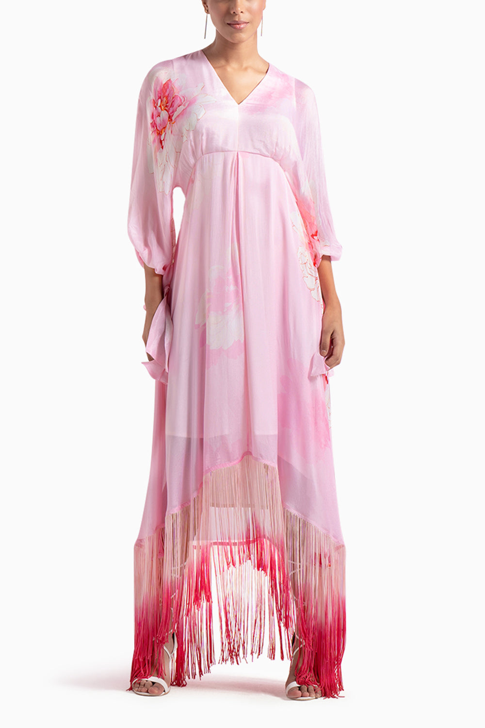 Pink Chiffon Off-Shoulder Dress with Ombre Fringe
