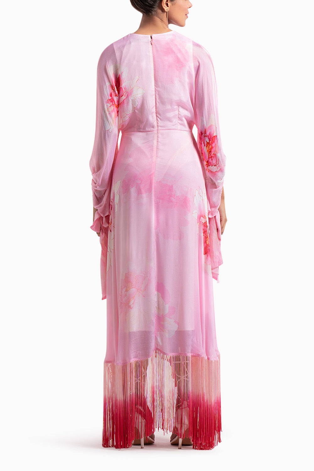 Pink Chiffon Off-Shoulder Dress with Ombre Fringe