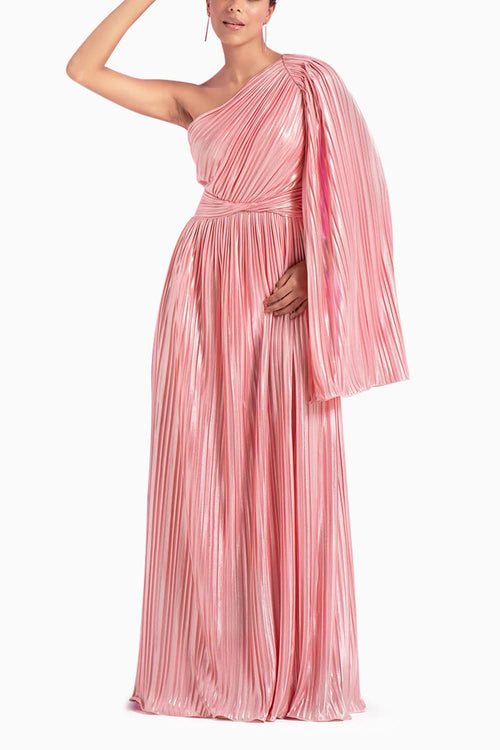 Pink Shimmer One shoulder Pleated Dress